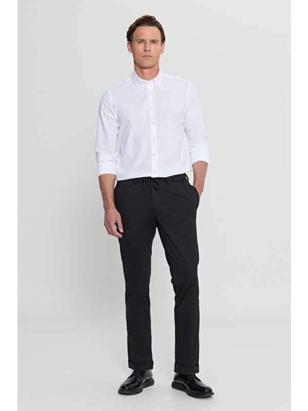 Altınyıldız Classics Erkek Siyah Slim Fit Beli Bağlamalı Yan Cep Esnek Casual Pantolon