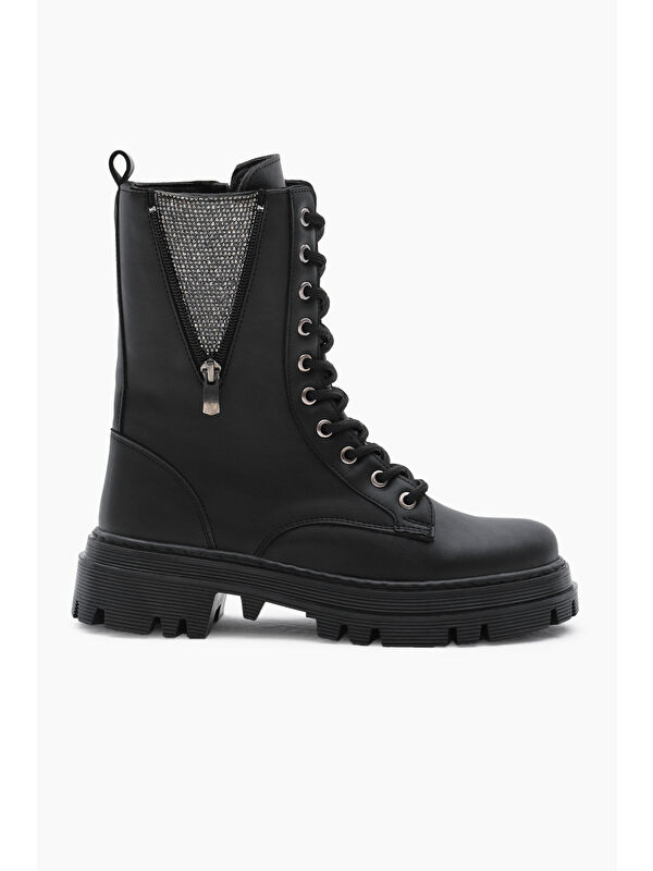 Kadın Siyah Cilt Termo Taban Yanı Taşlı Detaylı Bağcıklı ve Fermuarlı Bot - Görsel 3