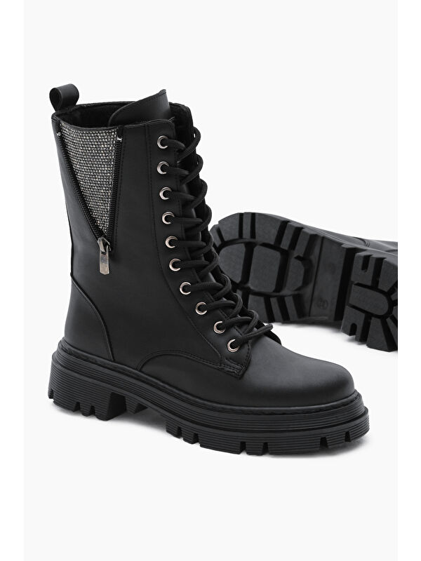 Kadın Siyah Cilt Termo Taban Yanı Taşlı Detaylı Bağcıklı ve Fermuarlı Bot - Görsel 5