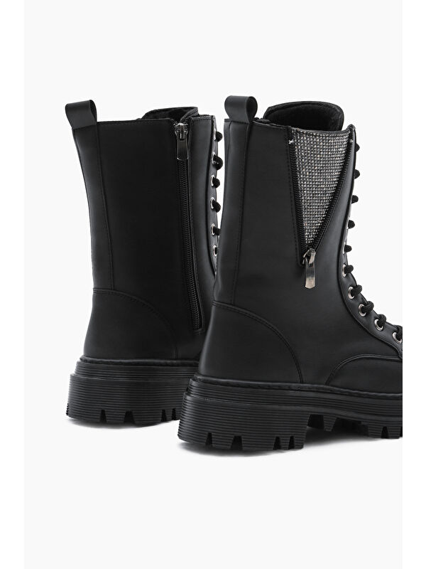 Kadın Siyah Cilt Termo Taban Yanı Taşlı Detaylı Bağcıklı ve Fermuarlı Bot - Görsel 6