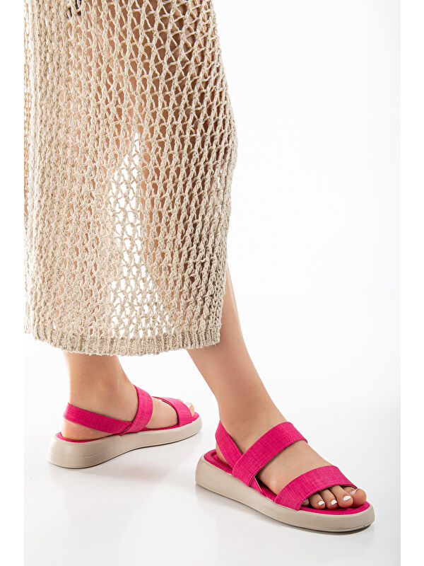 Kadın Fuşya Keten Rahat Kalıp Poli Taban Çift Bantlı Sandalet - Görsel 3