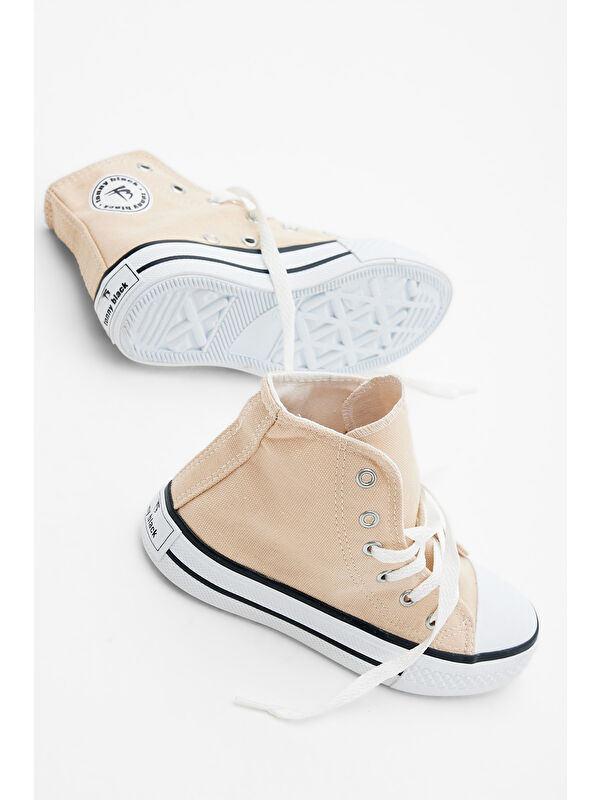 Çocuk Unisex Bej Rahat Kalıp Bağcıklı Uzun Spor Ayakkabı - Görsel 3