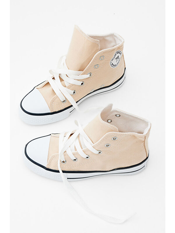 Çocuk Unisex Bej Rahat Kalıp Bağcıklı Uzun Spor Ayakkabı - Görsel 4