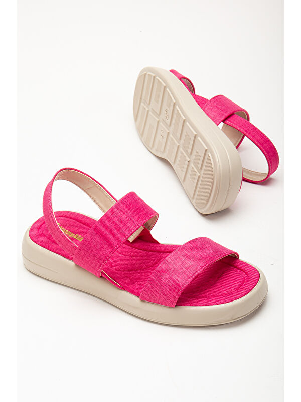 Kadın Fuşya Keten Rahat Kalıp Poli Taban Çift Bantlı Sandalet - Görsel 5