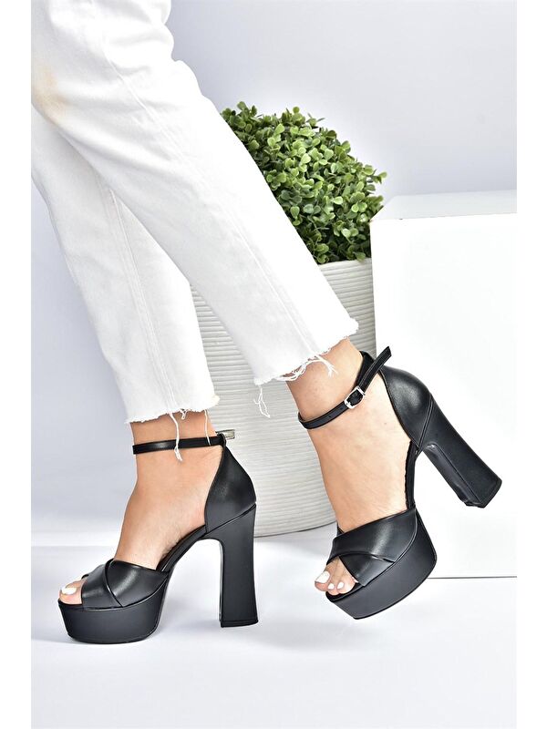 Siyah Deri Platform Kalın Topuklu Abiye Ayakkabı M348202509 - Görsel 3