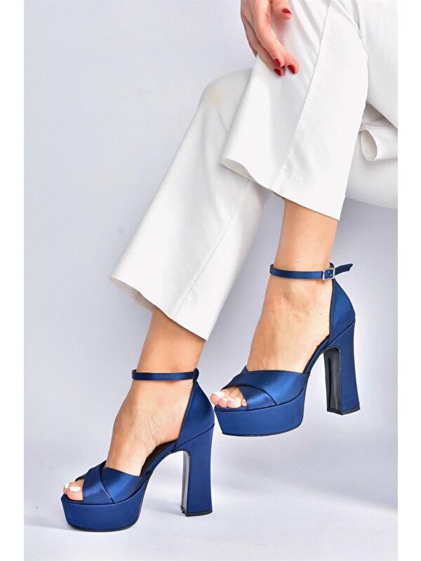 Lacivert Saten Kumaş Platform Topuklu Kadın Abiye Ayakkabı M348202504 - Görsel 3