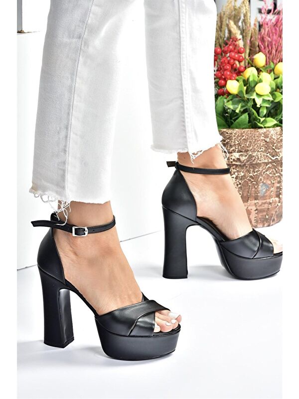 Siyah Deri Platform Kalın Topuklu Abiye Ayakkabı M348202509 - Görsel 4