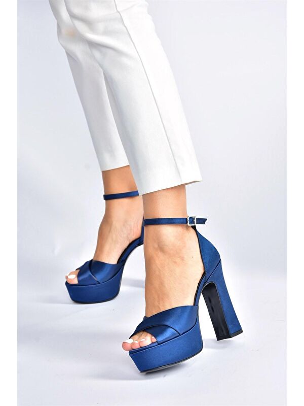 Lacivert Saten Kumaş Platform Topuklu Kadın Abiye Ayakkabı M348202504 - Görsel 4