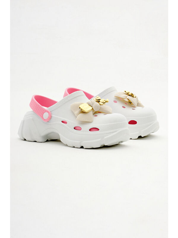 Kadın Beyaz Pembe Çıkartılabilir Taban Fiyonk Tokalı Yüksek Taban Eva Sandalet - Görsel 3