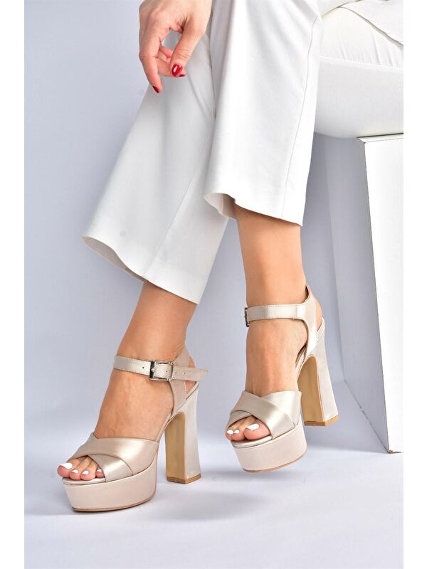 Bej Saten Kumaş Platform Topuklu Kadın Abiye Ayakkabı M348202404 - Görsel 3
