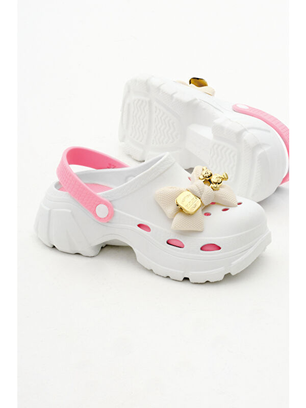 Kadın Beyaz Pembe Çıkartılabilir Taban Fiyonk Tokalı Yüksek Taban Eva Sandalet - Görsel 5