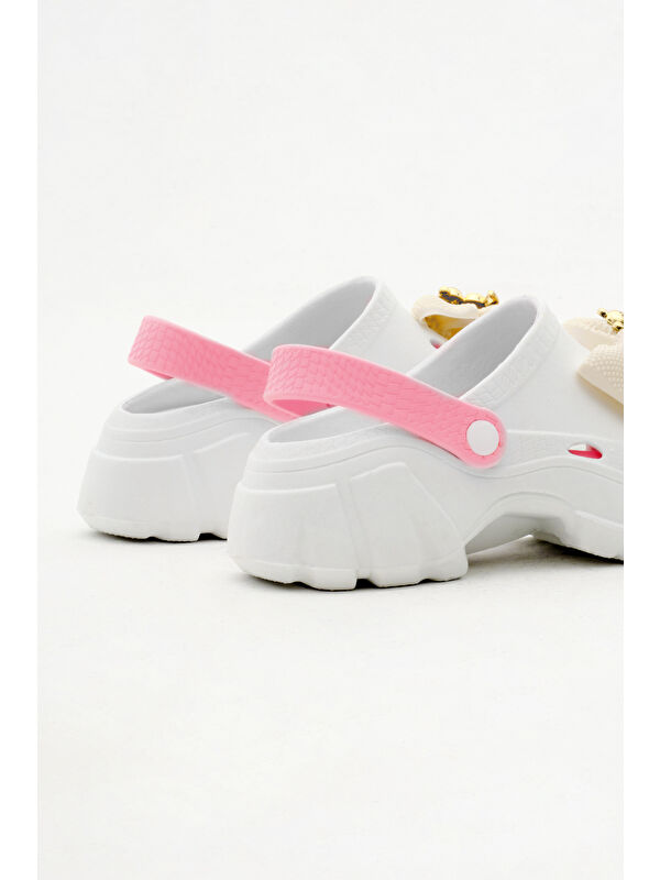 Kadın Beyaz Pembe Çıkartılabilir Taban Fiyonk Tokalı Yüksek Taban Eva Sandalet - Görsel 6