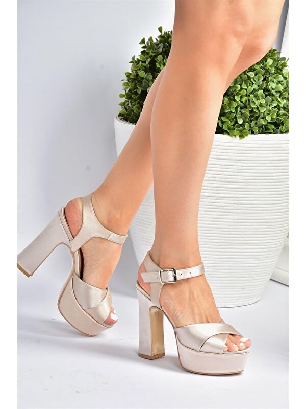 Bej Saten Kumaş Platform Topuklu Kadın Abiye Ayakkabı M348202404 - Görsel 4