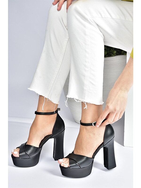 Siyah Deri Platform Kalın Topuklu Abiye Ayakkabı M348202509 - Görsel 5