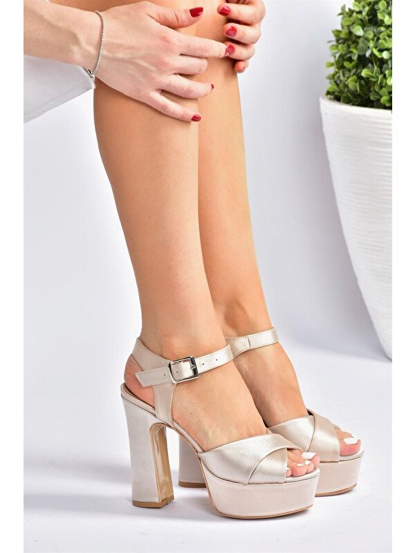 Bej Saten Kumaş Platform Topuklu Kadın Abiye Ayakkabı M348202404 - Görsel 5