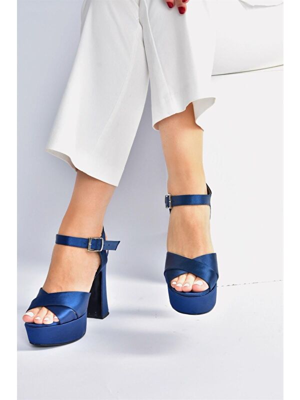Lacivert Saten Kumaş Platform Topuklu Kadın Abiye Ayakkabı M348202404 - Görsel 4