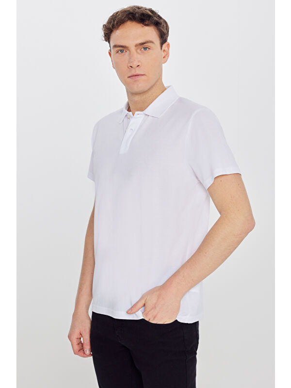 AC&Co / Altınyıldız Classics Erkek Beyaz Pamuklu Slim Fit Dar Kesim Polo Yaka Tişört