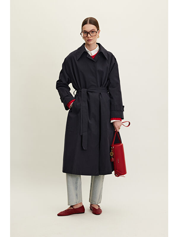 Manuka Kemerli Oversize Gabardin Trençkot Lacivert
