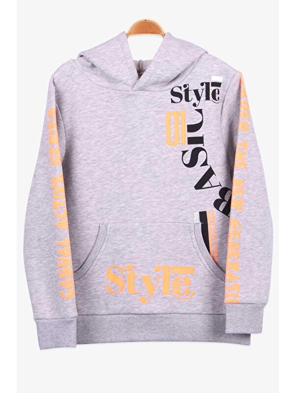 Breeze Erkek Çocuk Sweatshirt Baskılı Kapüşonlu Gri Melanj (9-14 Yaş)