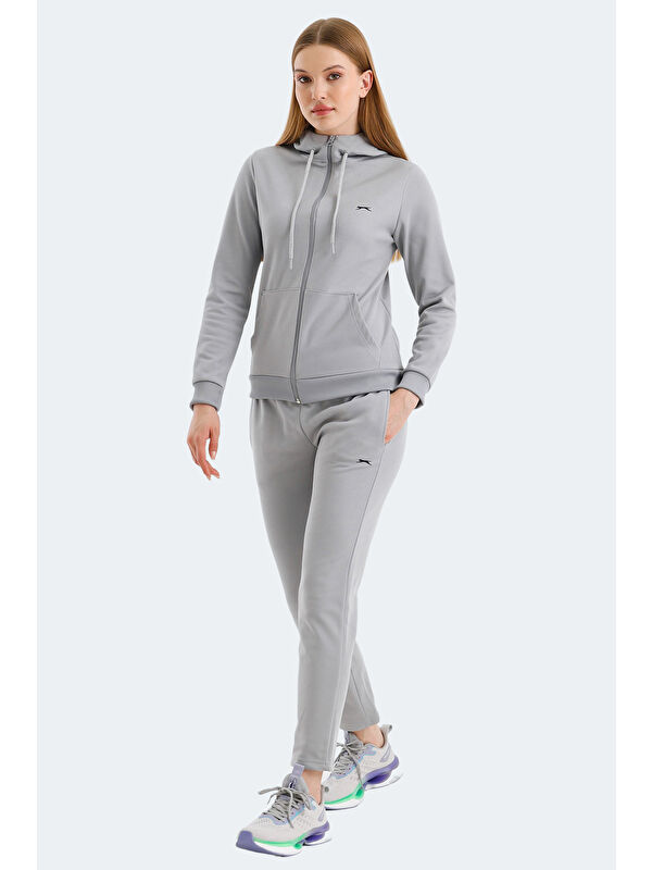 SLAZENGER RID IN Kadın Fermuarlı Kapüşonlu Cepli Gri Eşofman Takımı