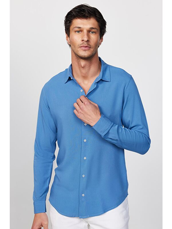 TUDORS Slim Fit Uzun Kollu Dar Kesim Dökümlü Viskon Şık İndigo Erkek Gömlek