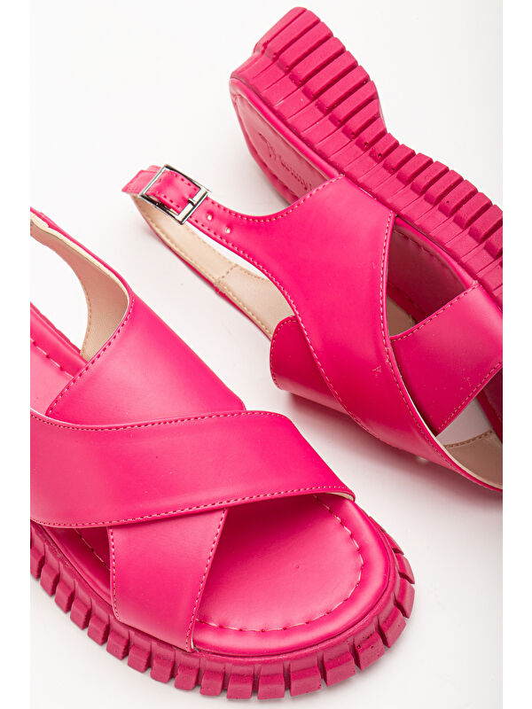 Kadın Fuşya Kalın Poli Taban Bilekten Bağlamalı Çapraz Bantlı Sandalet - Görsel 4