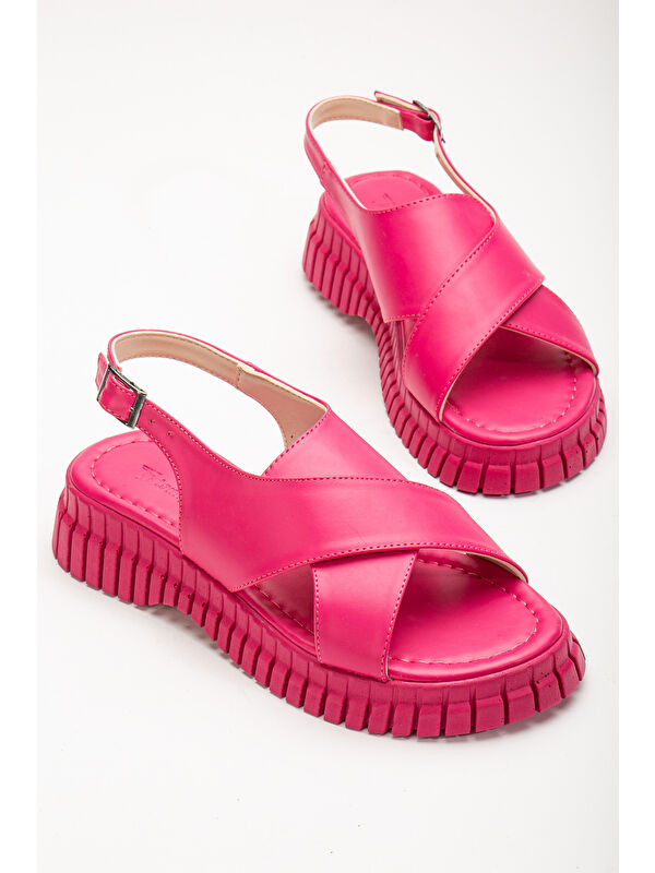 Kadın Fuşya Kalın Poli Taban Bilekten Bağlamalı Çapraz Bantlı Sandalet - Görsel 5