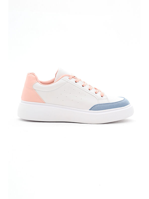 Kadın Beyaz Pudra Rahat Kalıp Yüksek Poli Taban Bağcıklı Spor Ayakkabı - Görsel 3