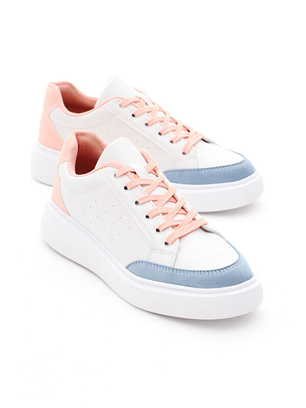 Kadın Beyaz Pudra Rahat Kalıp Yüksek Poli Taban Bağcıklı Spor Ayakkabı - Görsel 4