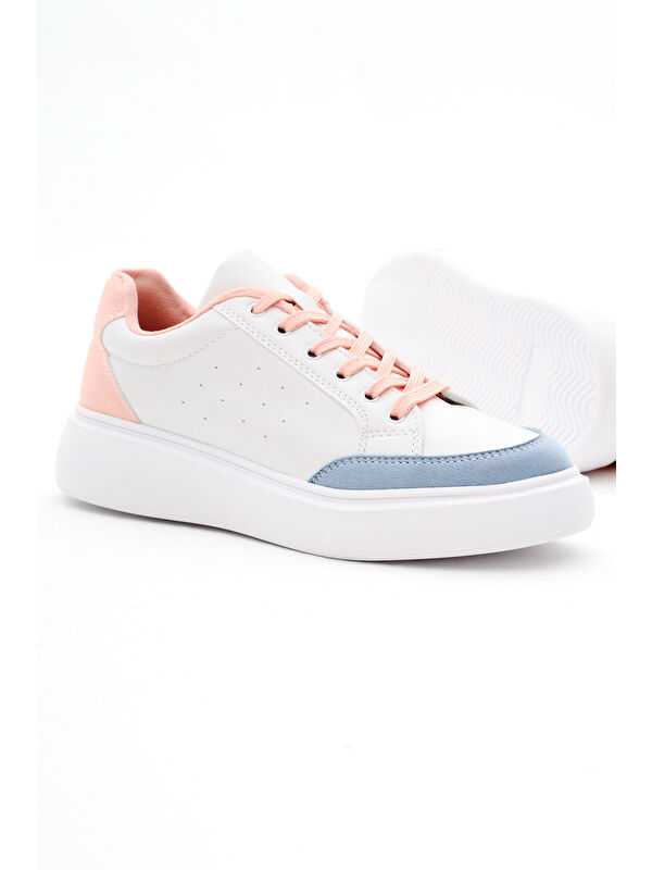 Kadın Beyaz Pudra Rahat Kalıp Yüksek Poli Taban Bağcıklı Spor Ayakkabı - Görsel 5