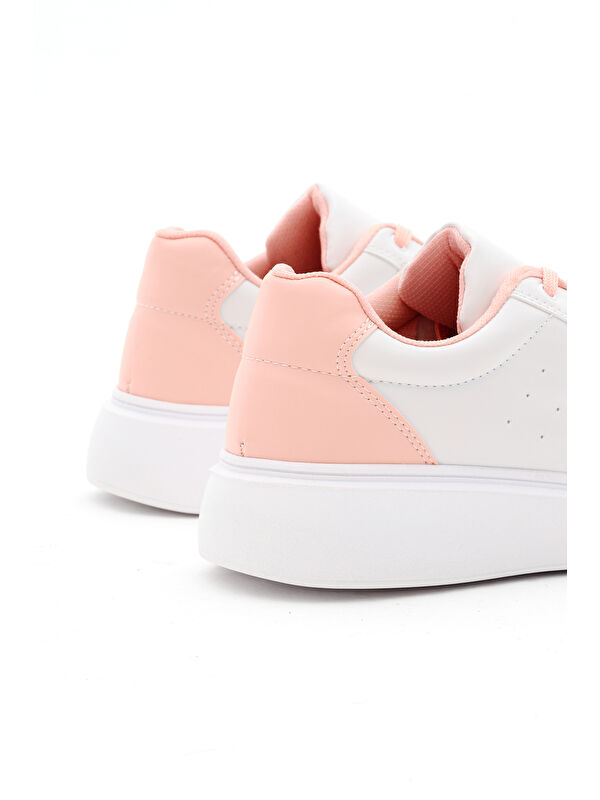 Kadın Beyaz Pudra Rahat Kalıp Yüksek Poli Taban Bağcıklı Spor Ayakkabı - Görsel 6