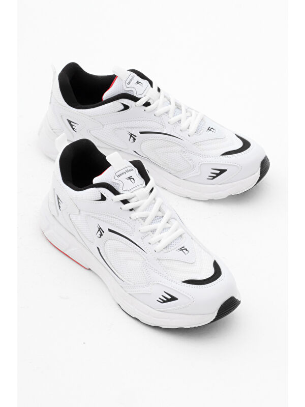 Unisex Beyaz Siyah Rahat Kalıp Yüksek Faylon Taban Bağcıklı Spor Ayakkabı - Görsel 4