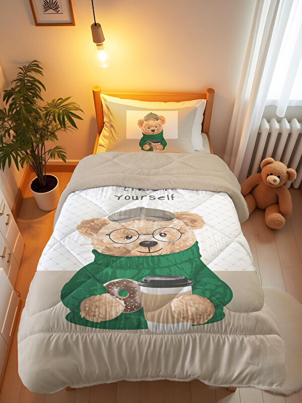 Evmila Teddy Desenli Tek Kişilik 160x220 Cm Wellsoft Çift Taraflı Silikon Yorgan Ve Uyku Seti