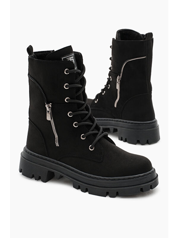 Kadın Siyah Süet Termo Taban Yanı Fermuar Desenli Bağcıklı ve Fermuarlı Bot - Görsel 5