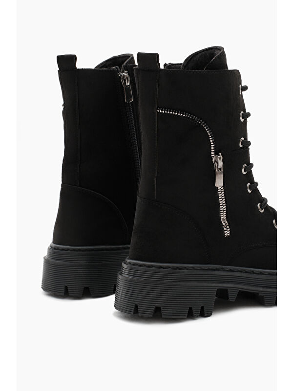 Kadın Siyah Süet Termo Taban Yanı Fermuar Desenli Bağcıklı ve Fermuarlı Bot - Görsel 6