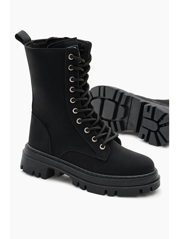 Kadın Siyah Mat Termo Taban Yanı Çift Tokalı Bağcıklı ve Fermuarlı Bot - Görsel 4