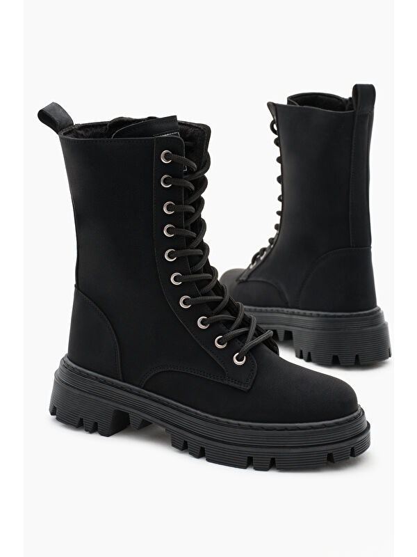 Kadın Siyah Mat Termo Taban Yanı Çift Tokalı Bağcıklı ve Fermuarlı Bot - Görsel 5