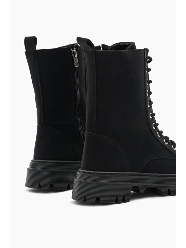 Kadın Siyah Mat Termo Taban Yanı Çift Tokalı Bağcıklı ve Fermuarlı Bot - Görsel 6