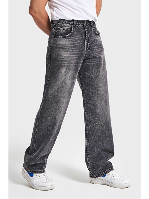 It's Basic Erkek Koyu Füme Renk 4w5-14 TT25 Relaxed Baggy Fit İç Boy 80cm Rahat Kesim %100 Pamuk Denim Jean