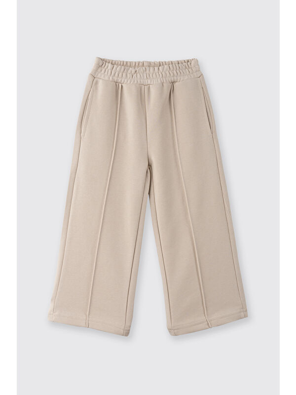 Panço Kız Bebek Beli Lastikli Bol Paça Dikiş Detaylı Bej Eşofman Altı