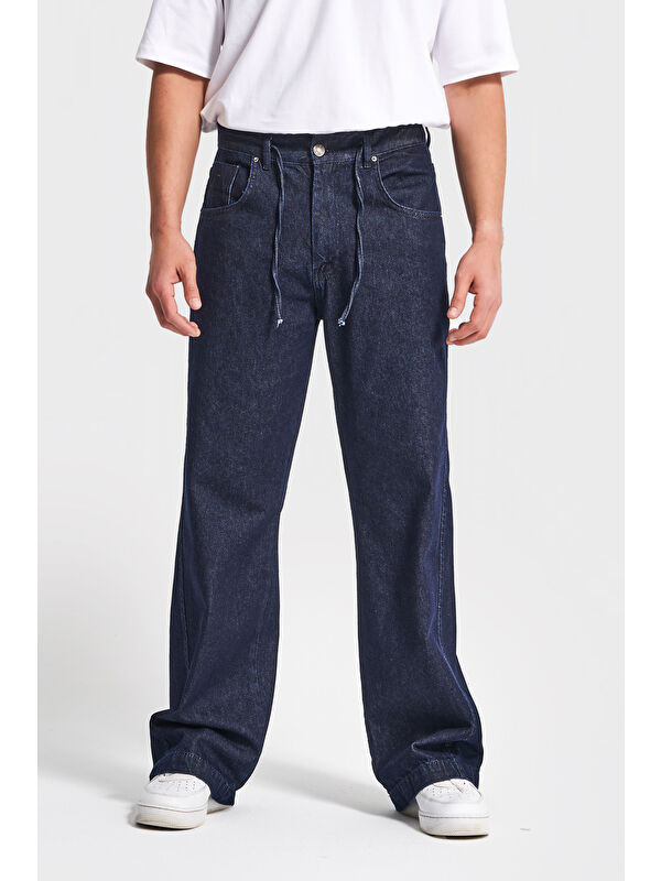 It's Basic Erkek İndigo Renk NC17 7w5-50 Relaxed Baggy Fit Kemeri Bağcıklı İç Boy 79cm %100 Pamuk Denim Jean
