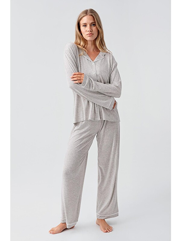 Artış Uzun Kollu Düğmeli Esnek Viskoz Pijama Takım 18207