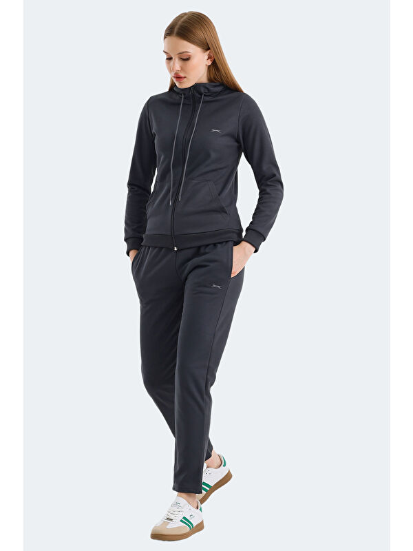 SLAZENGER RID IN Kadın Fermuarlı Kapüşonlu Cepli Koyu Gri Eşofman Takımı