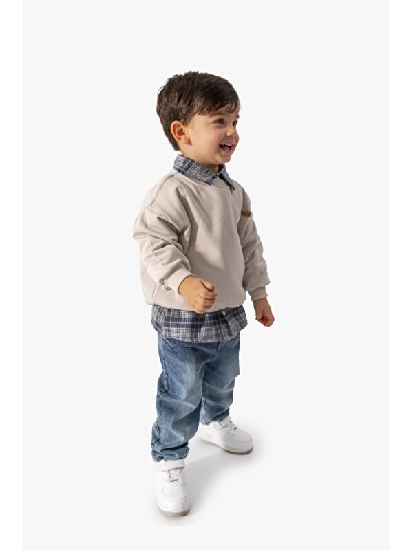 Jikko Baby Erkek Bebek Gömlek Sweatshirt ve Jean Pantolon 3'lü Takım 9064