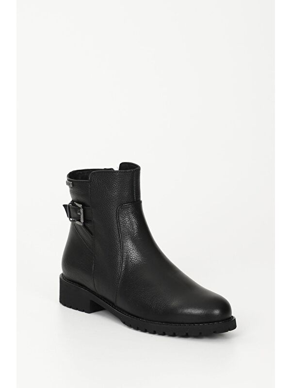 SİYAH Hakiki Deri Yuvarlak Burun Kauçuk Taban Topuklu Fermuarlı Tokalı Kadın Günlük Bot 46460 - Görsel 6