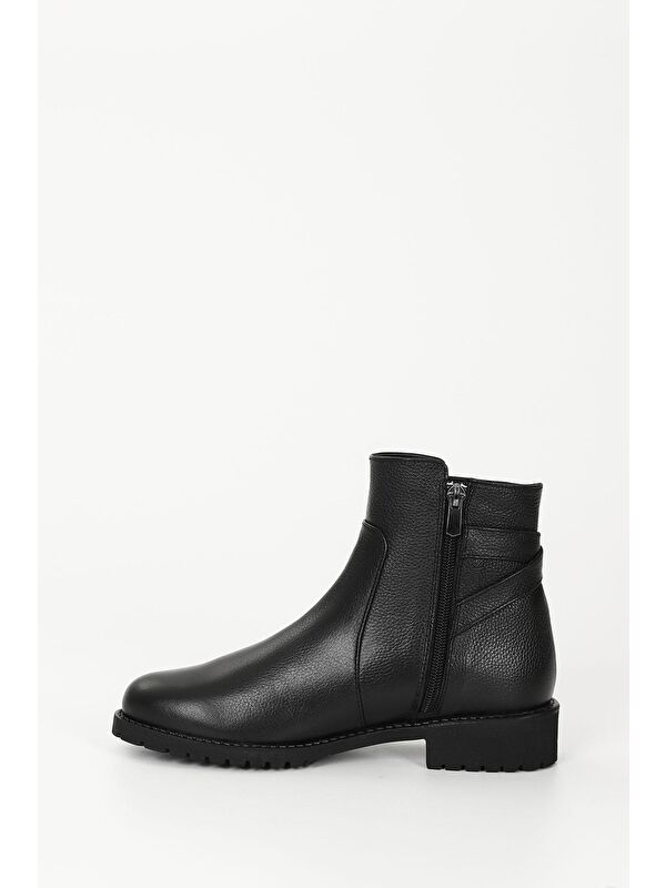 SİYAH Hakiki Deri Yuvarlak Burun Kauçuk Taban Topuklu Fermuarlı Tokalı Kadın Günlük Bot 46460 - Görsel 7