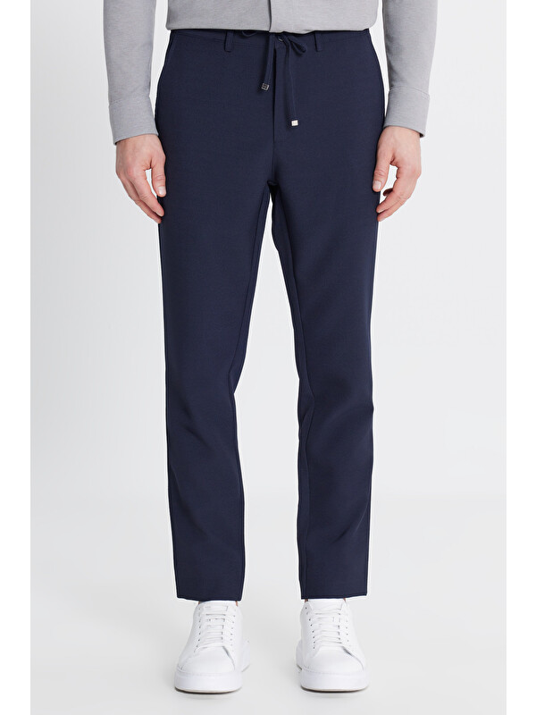 Altınyıldız Classics Erkek Lacivert Slim Fit Beli Bağlamalı Gofre Desenli Yan Cepli Casual Pantolon