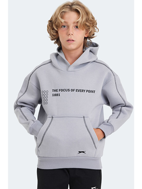 SLAZENGER LEVON Unisex Çocuk Kapüşonlu Cepli Taş Gri Sweatshirt