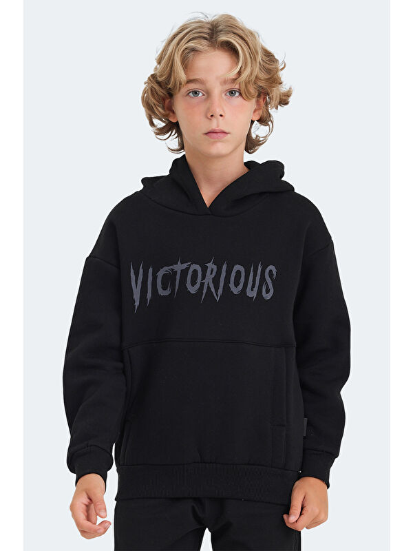 SLAZENGER LEXUS Unisex Çocuk Kapüşonlu Cepli Siyah Sweatshirt