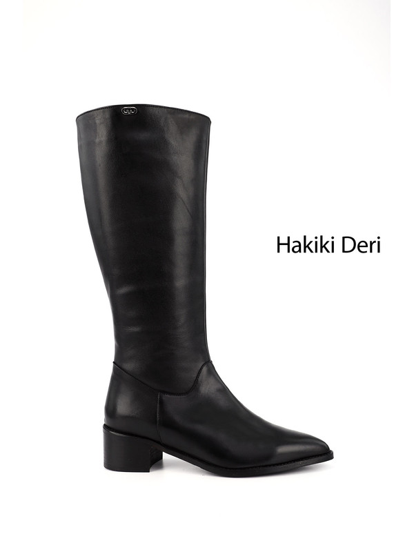 GÖNDERİ(R) Kadın ZÜMRÜT-SİYAH Sivri Burun Kalın Topuklu Hakiki Deri Diz Altı Çizme